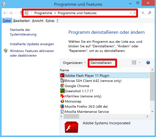 Windows Systemsteuerung: Programme Deinstallieren