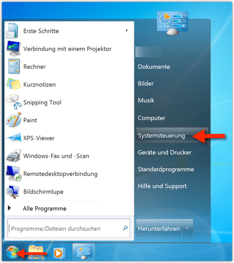 Windows 7: Systemsteuerung öffnen