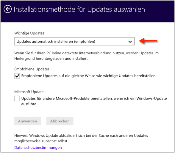 Windows 8.1: Installationsmethode für Updates bestimmen