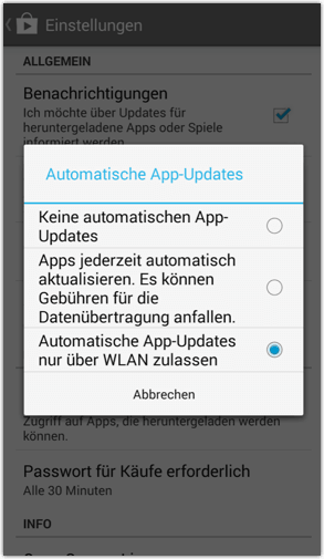 Android: Keine automatischen App-Updates; Apps jederzeit automatisch aktualisieren; Automatische App-Updates nur über WLAN zulassen