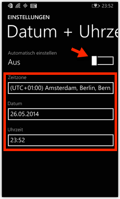 Windows Phone 8 oder 8.1: Datum und Uhrzeit Manuell