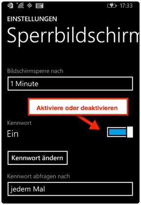 Windows Phone 8.1: Kennwort aktivieren oder deaktivieren