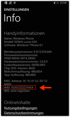 Windows Phone 8 oder Windows Phone 8.1: IMEI-Nummer des Handy