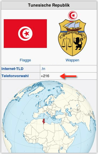  Länder-Vorwahl von Tunesien ist +216 oder 00216