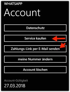 Windows Phone: WhatsApp --> Account --> Service kaufen
