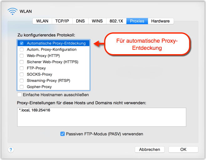 Mac: Automatische Proxy-Entdeckung