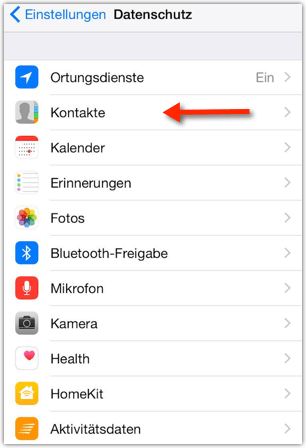 iOS: Einstellungen --> Datenschutz --> Kontakte