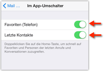 Favoriten und Letzte Kontakte   im App-Umschalter (App-Switcher) deaktivieren