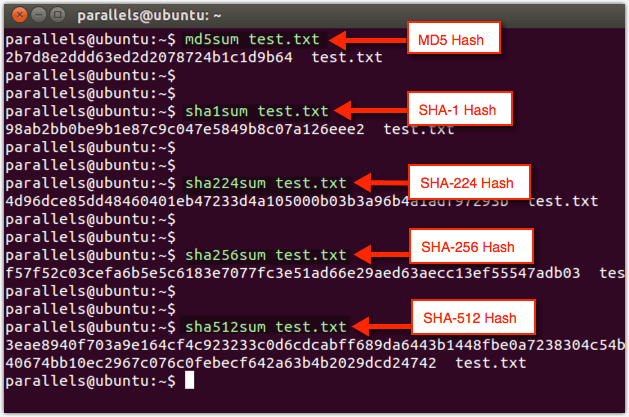 Ubuntu: md5, SHA-1, SHA-2, SHA-224, SHA-256, SHA-512