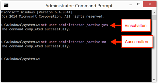 net user administrator /active:no yes
