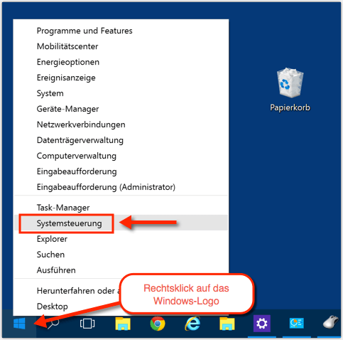 Windows 10: Systemsteuerung öffnen per Rechtsklick
