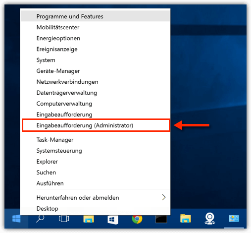 Windows 10: Eingabeaufforderung (Admin)