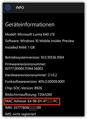 MAC-Adresse bei Microsoft Lumia Smartphones mit Windows 10 Mobile