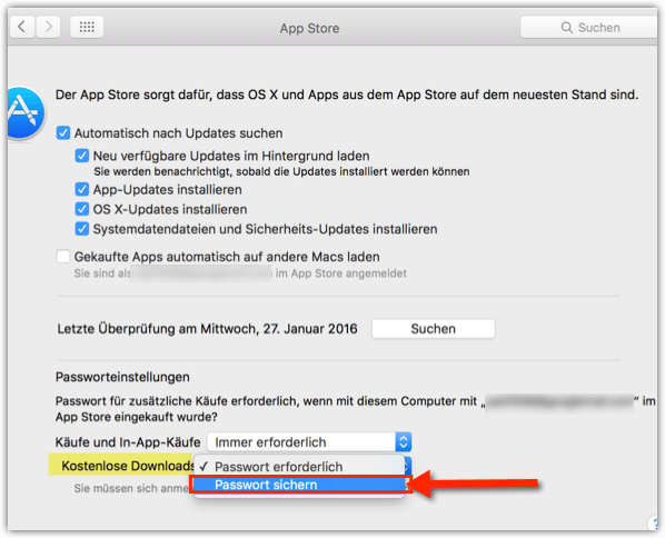 Passwort sichern für App Store unter OS X