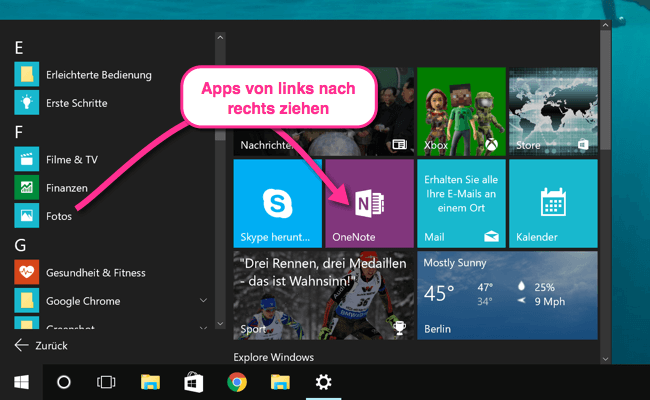 Apps auf die rechte Seite ziehen in Windows 10